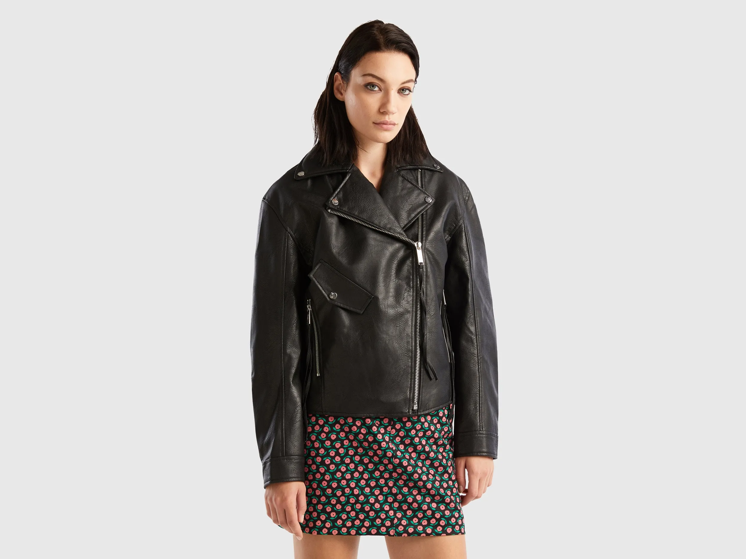 Relaxed Fit Zip Up Solid Leather Jacket