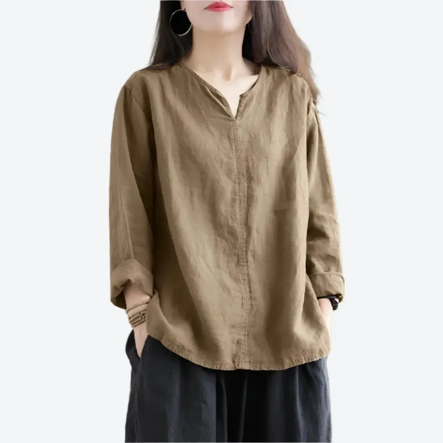 Relaxed Long-Sleeve Split Neck Blouses