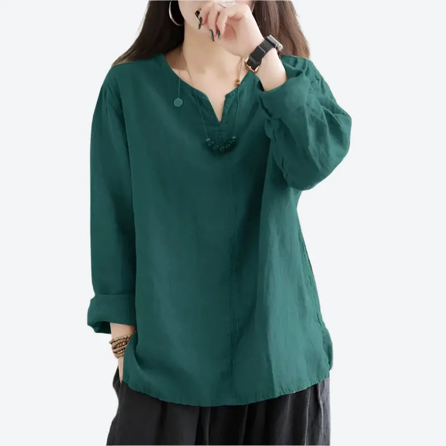 Relaxed Long-Sleeve Split Neck Blouses