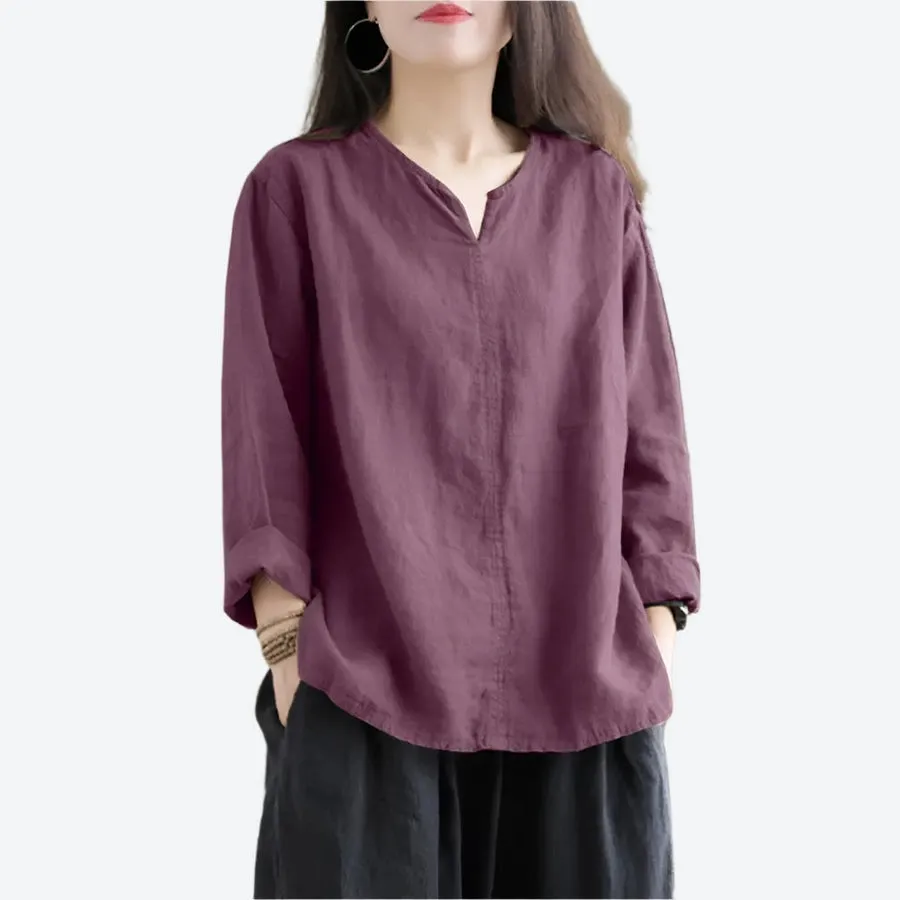 Relaxed Long-Sleeve Split Neck Blouses