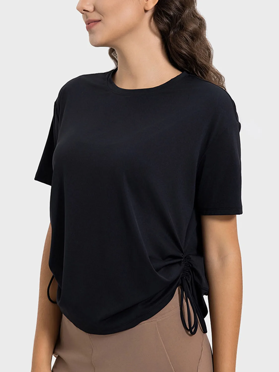 Remi Drawstring Round Neck Short Sleeve Active T-Shirt