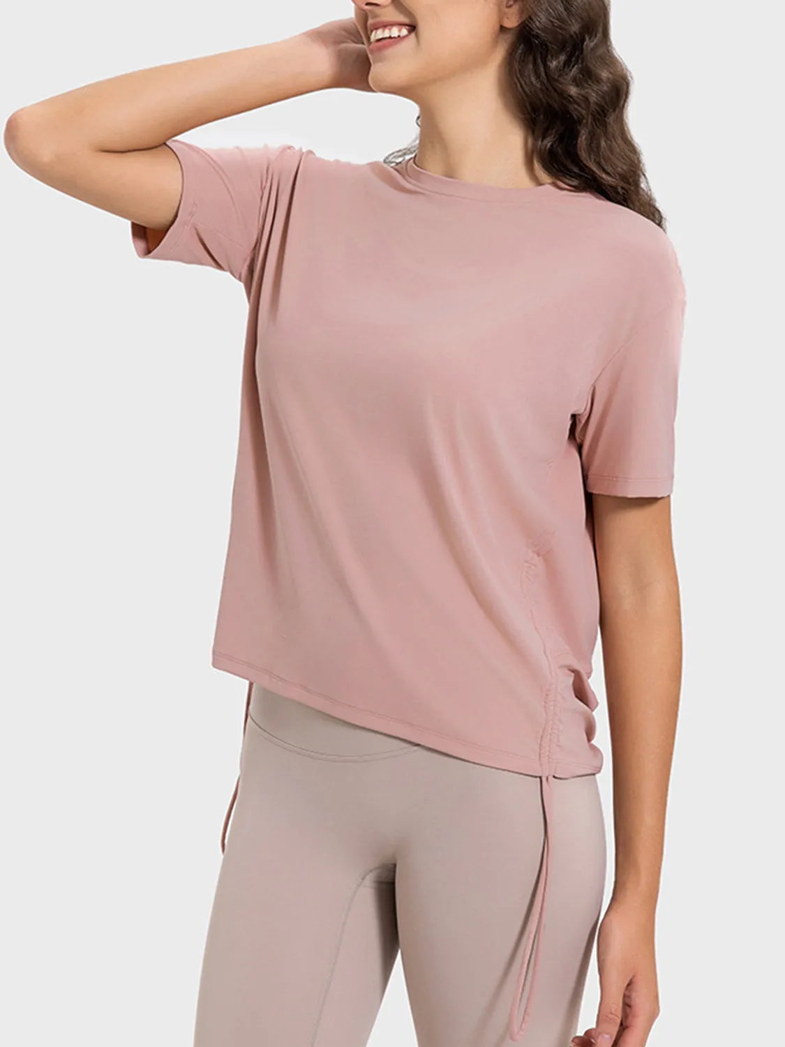 Remi Drawstring Round Neck Short Sleeve Active T-Shirt