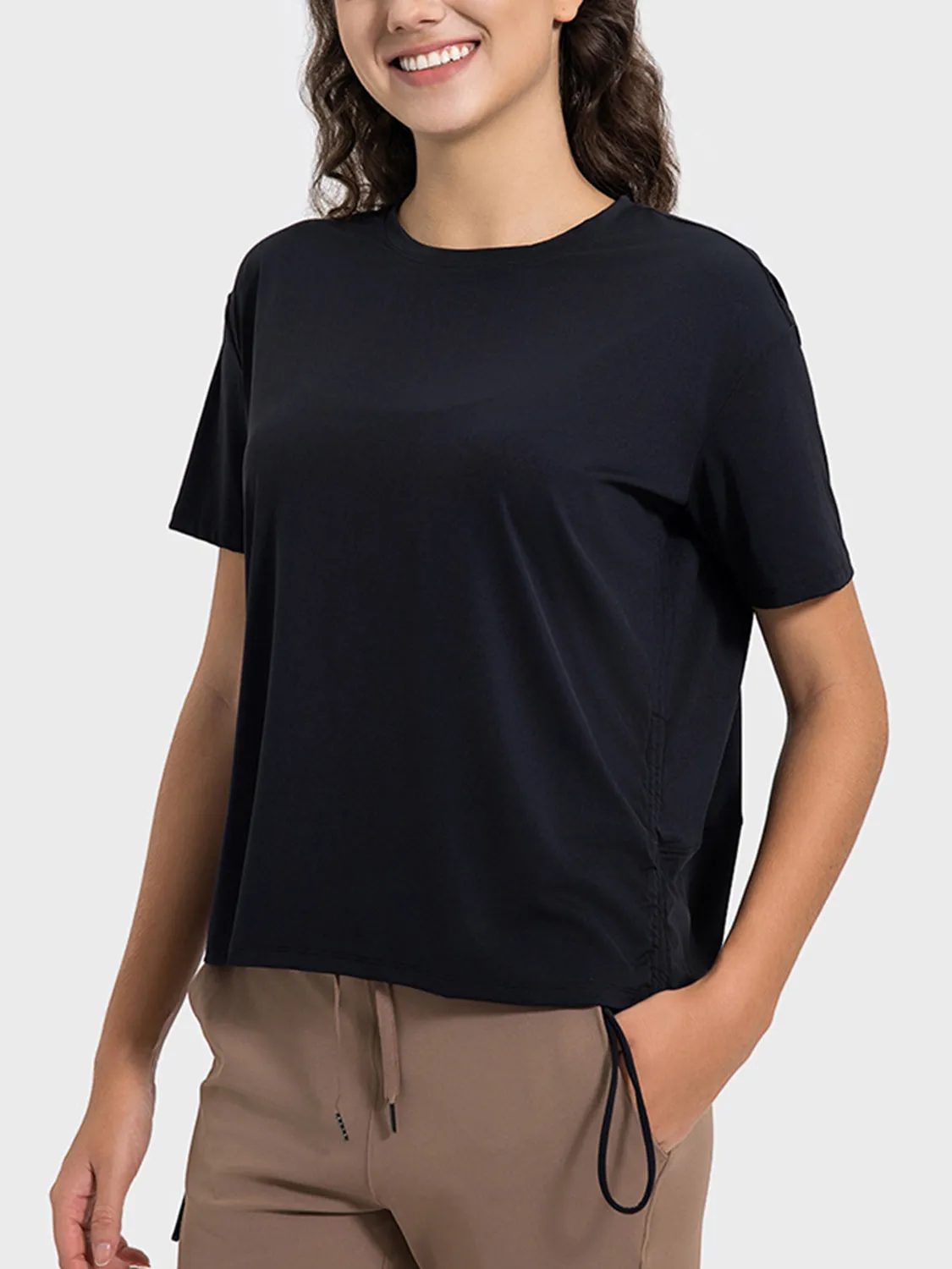 Remi Drawstring Round Neck Short Sleeve Active T-Shirt