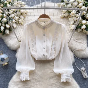 Retro palace style long-sleeve shirt autumn lace blouses