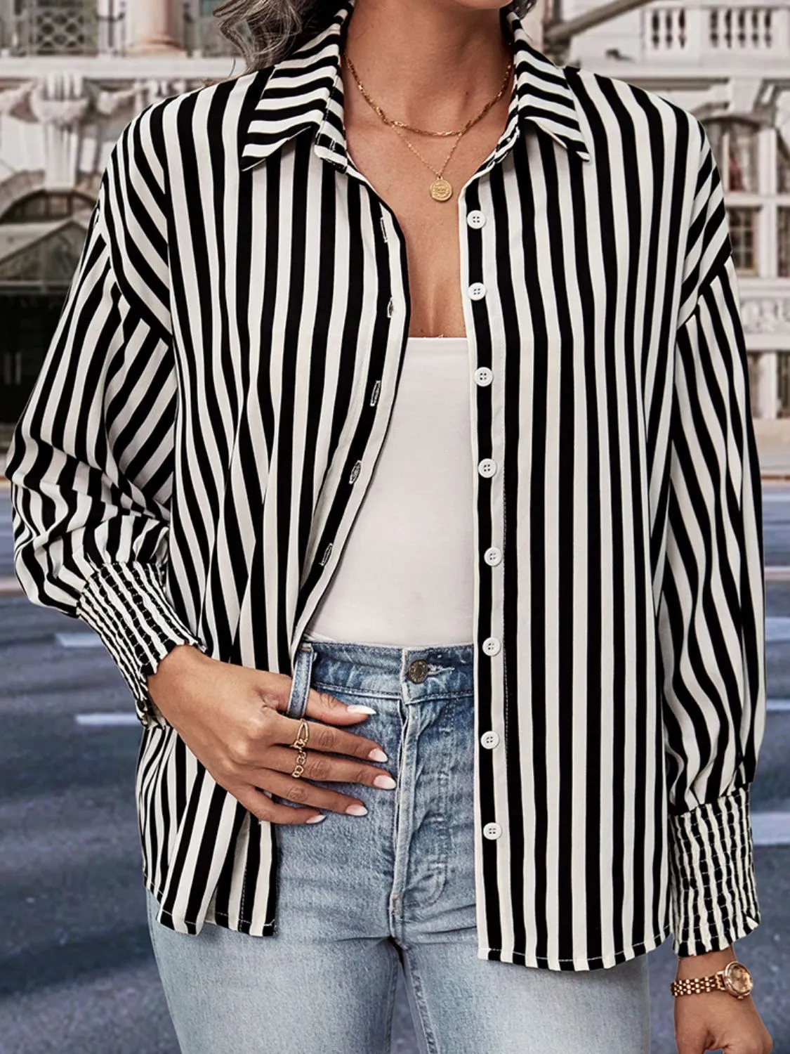 Rhiannon Striped Dropped Shoulder Smocked Wristband Shirt