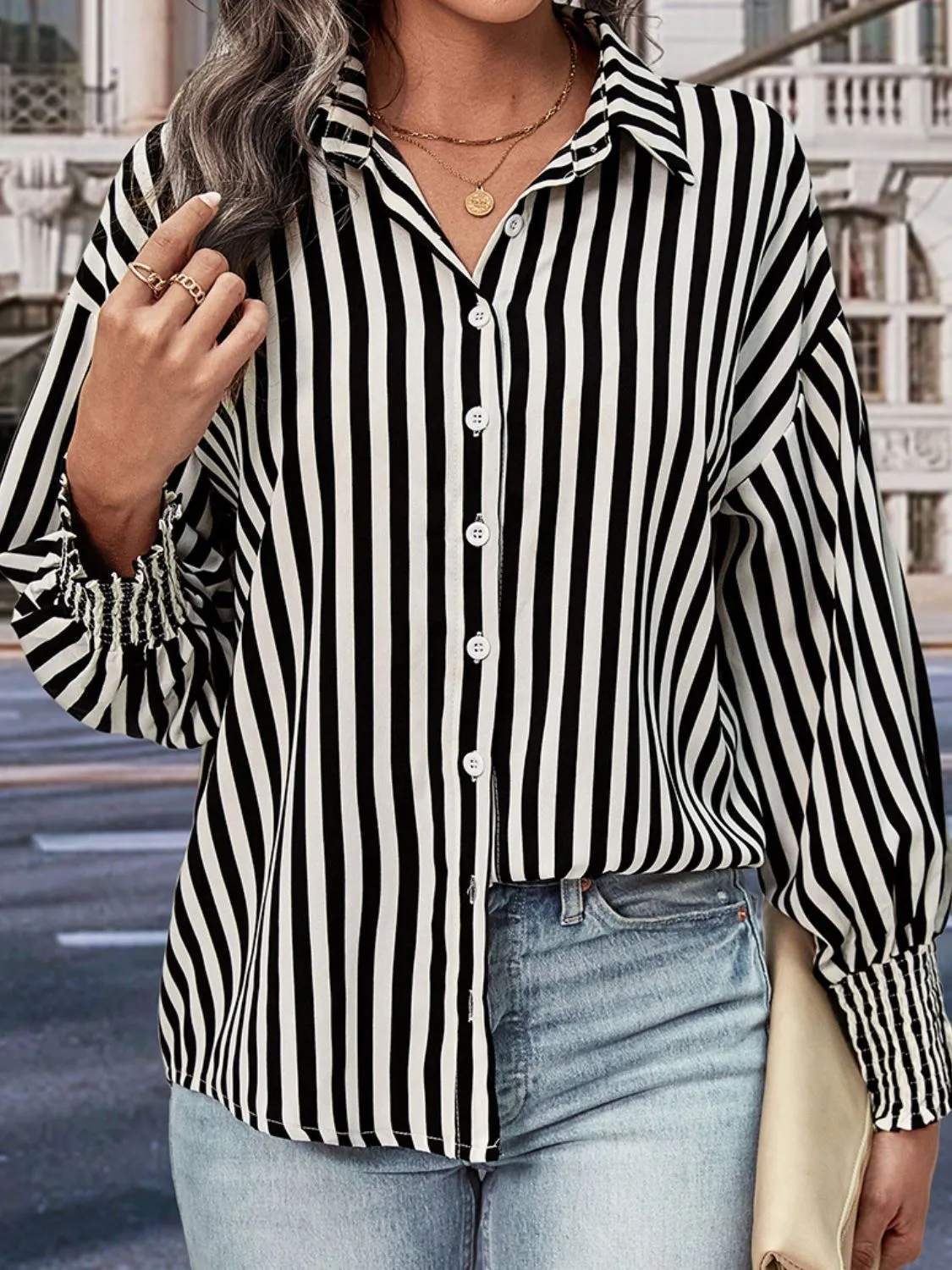 Rhiannon Striped Dropped Shoulder Smocked Wristband Shirt