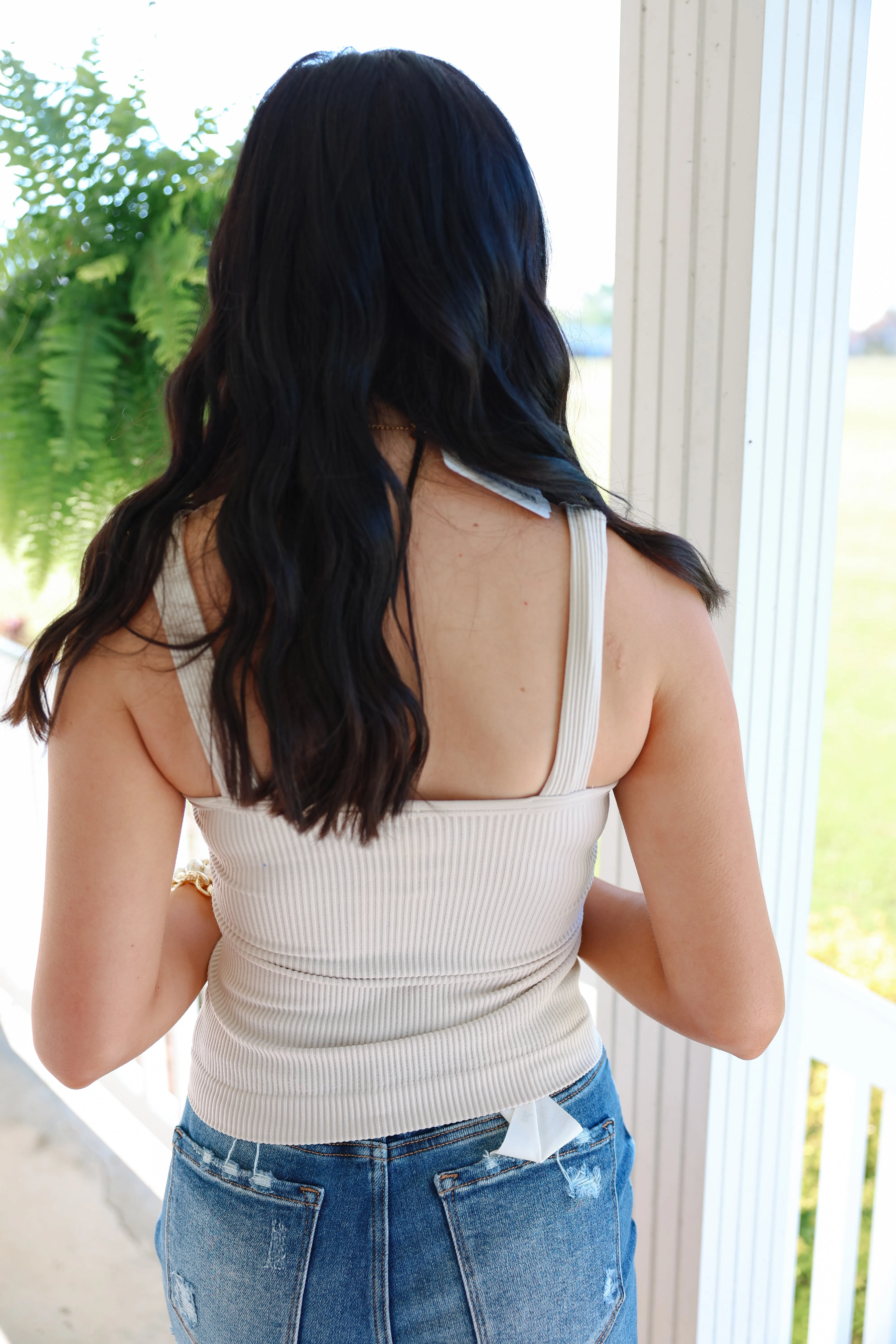 Ribbed Seamless Bra Padded V-Neck Tank Top "Sand Beige"