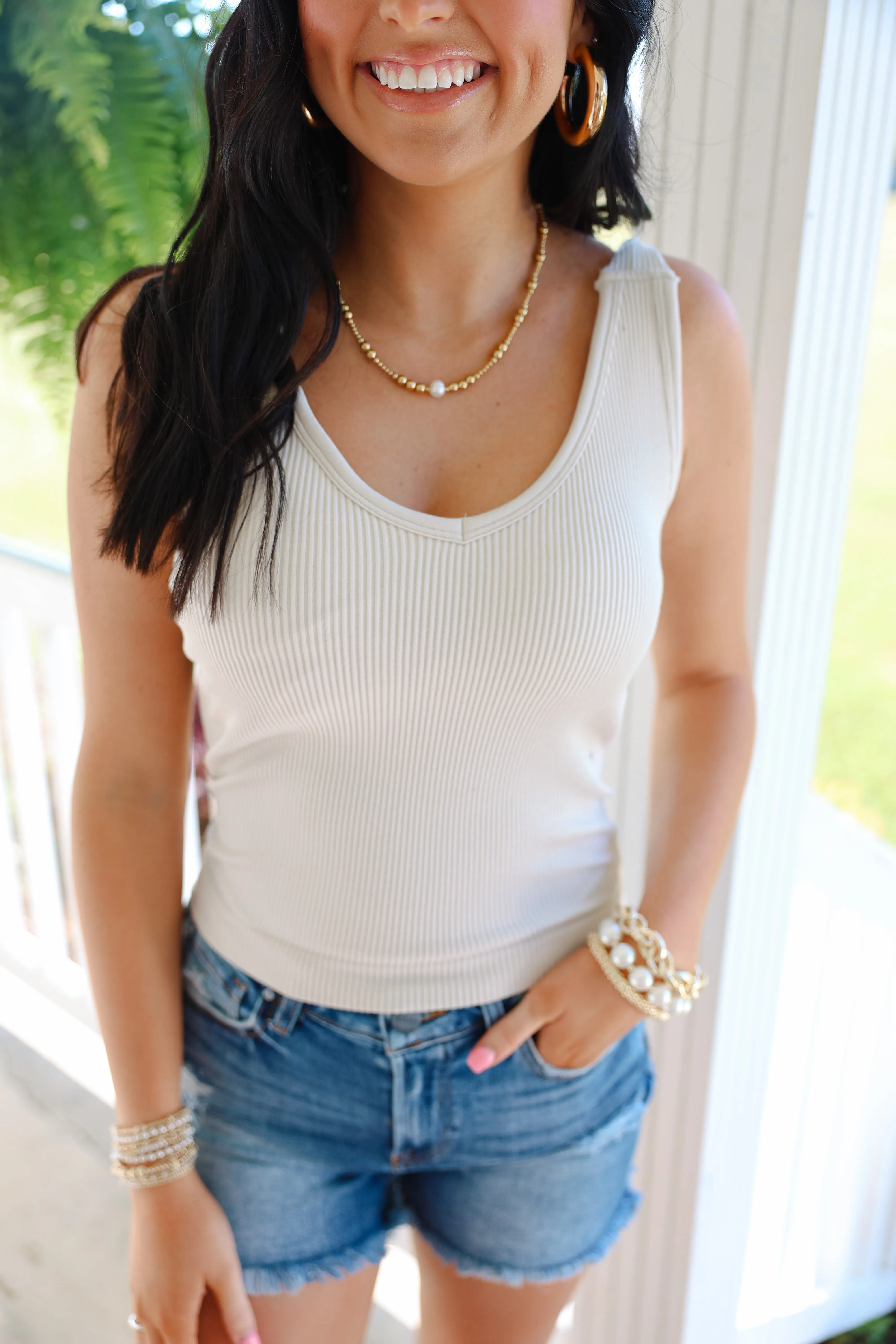 Ribbed Seamless Bra Padded V-Neck Tank Top "Sand Beige"