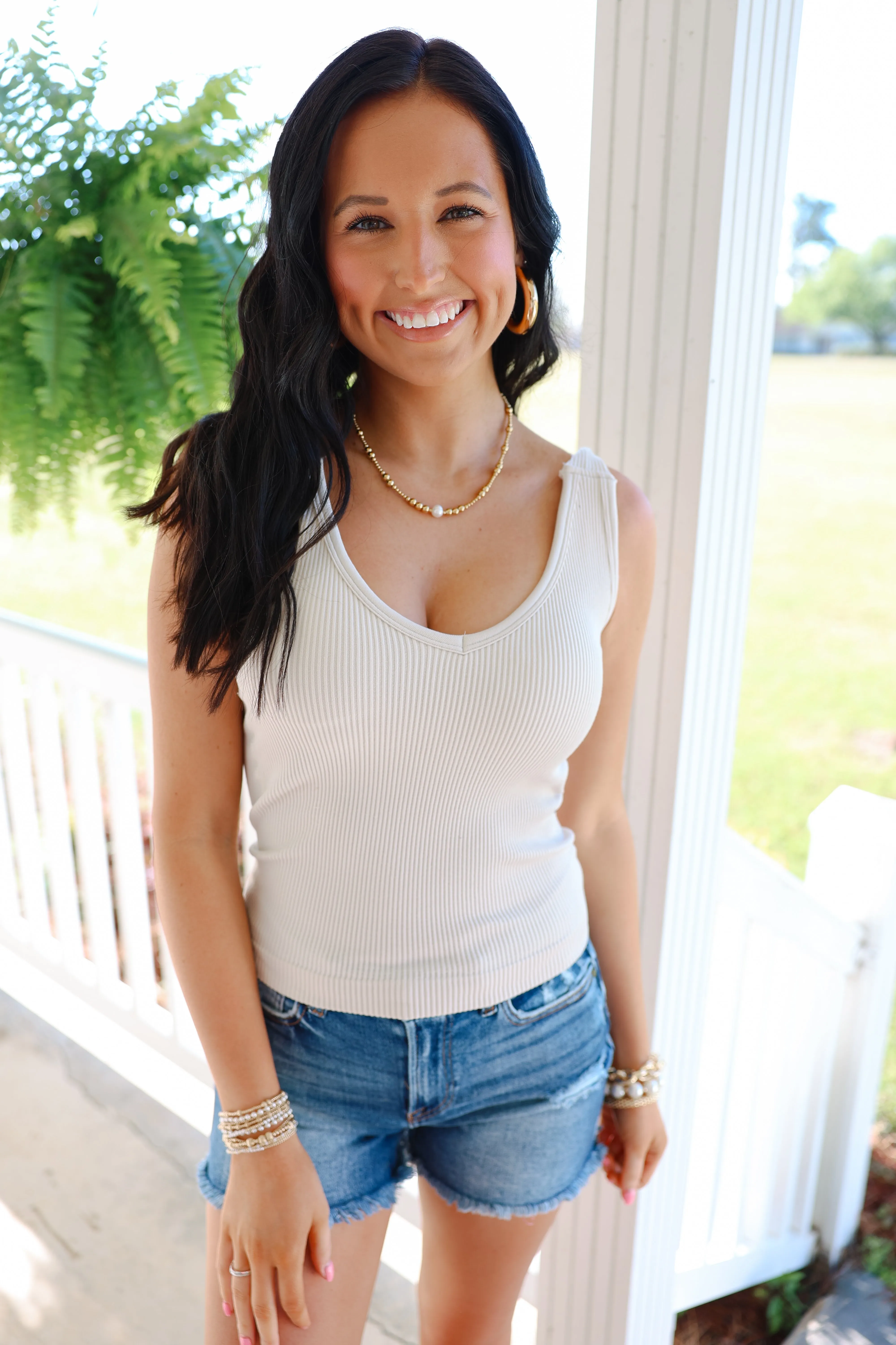 Ribbed Seamless Bra Padded V-Neck Tank Top "Sand Beige"