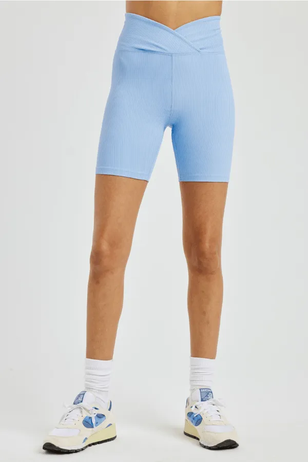 Ribbed V Waist Biker Short - Baby Blue