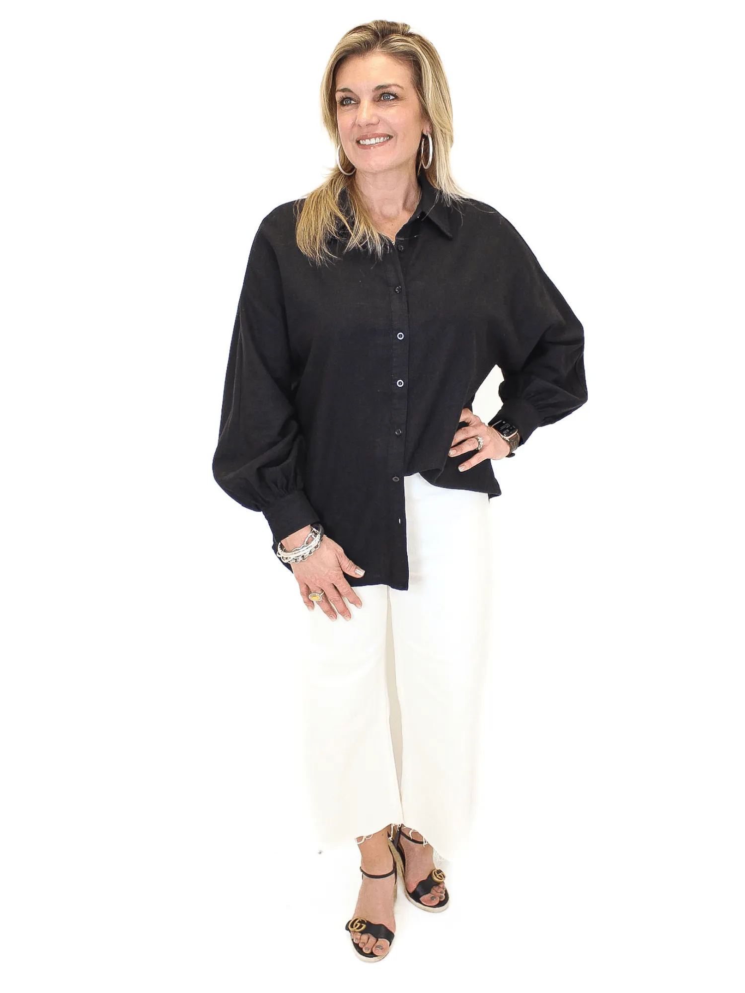 Risen Balloon Sleeve Linen Shirt - Black
