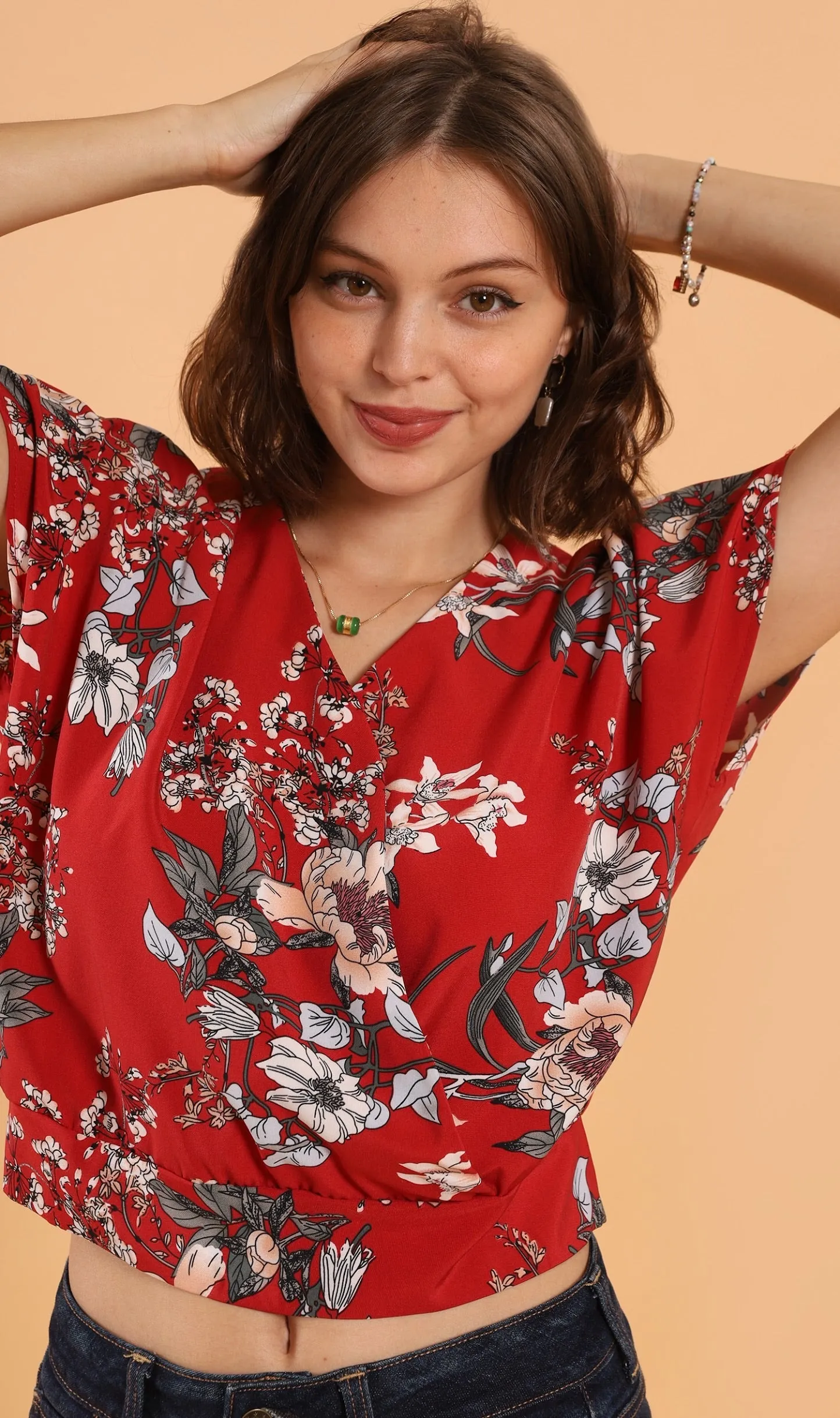 SARA Floral Flutter-Sleeve Top (Red)