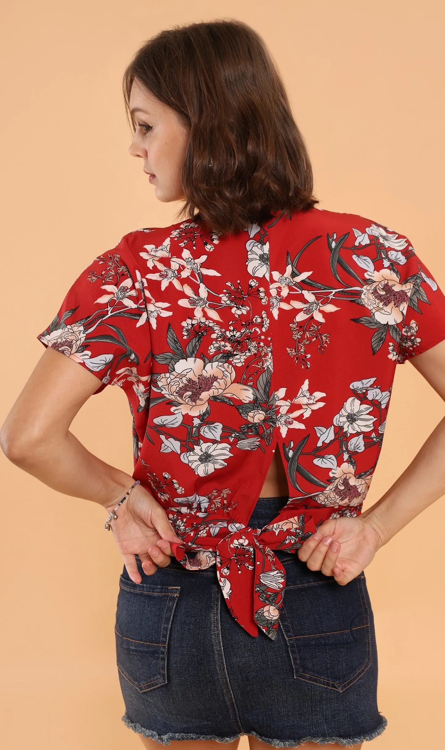 SARA Floral Flutter-Sleeve Top (Red)