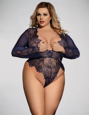 Scandals Navy Floral Lace Long Sleeve Teddy - Blue, Black and Pink