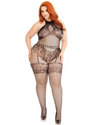 Seamless Net Bodystocking with Faux Lace Detail - Black - 1/2X