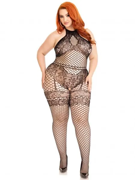 Seamless Net Bodystocking with Faux Lace Detail - Black - 1/2X