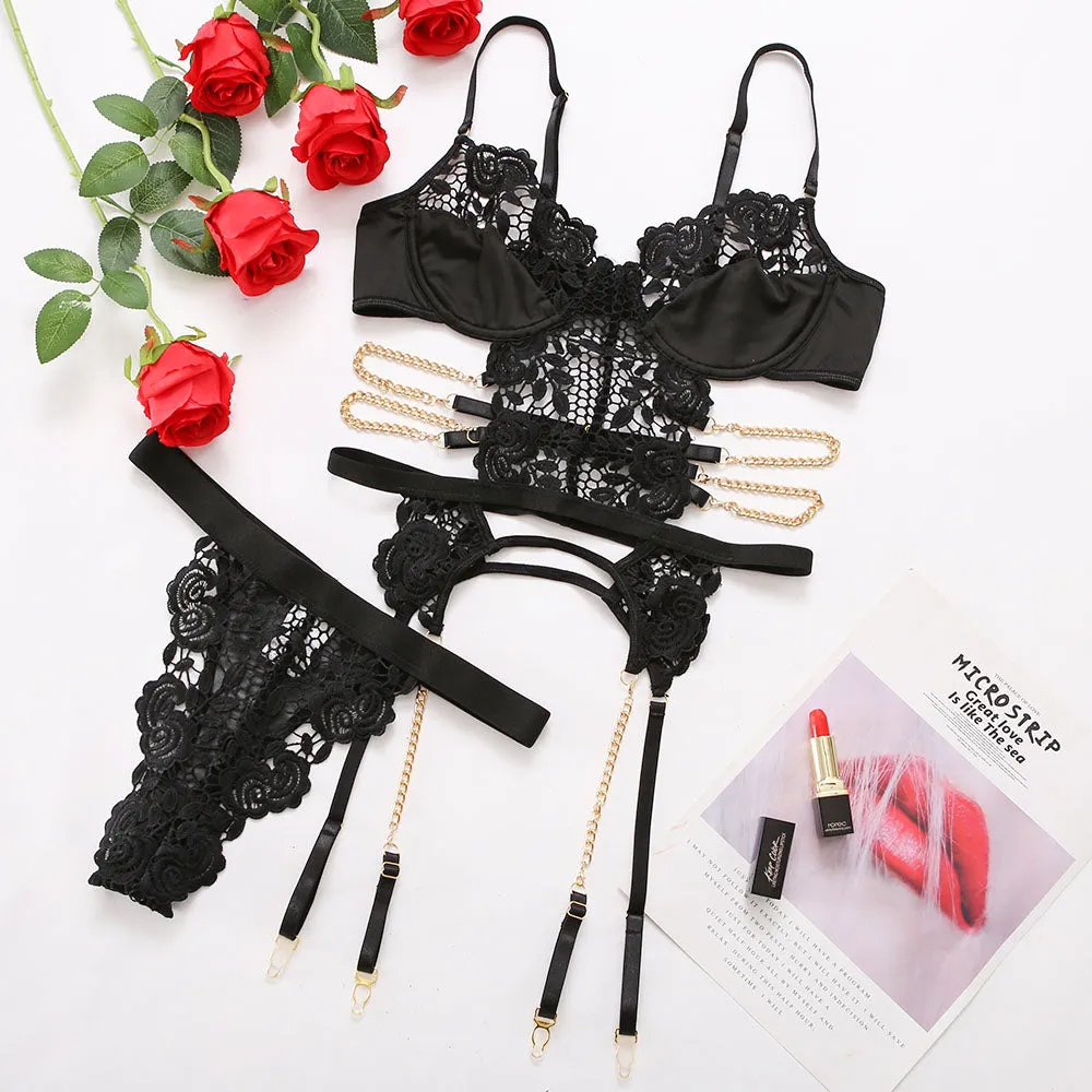 Sensual Black Floral lace Lingerie With Chain