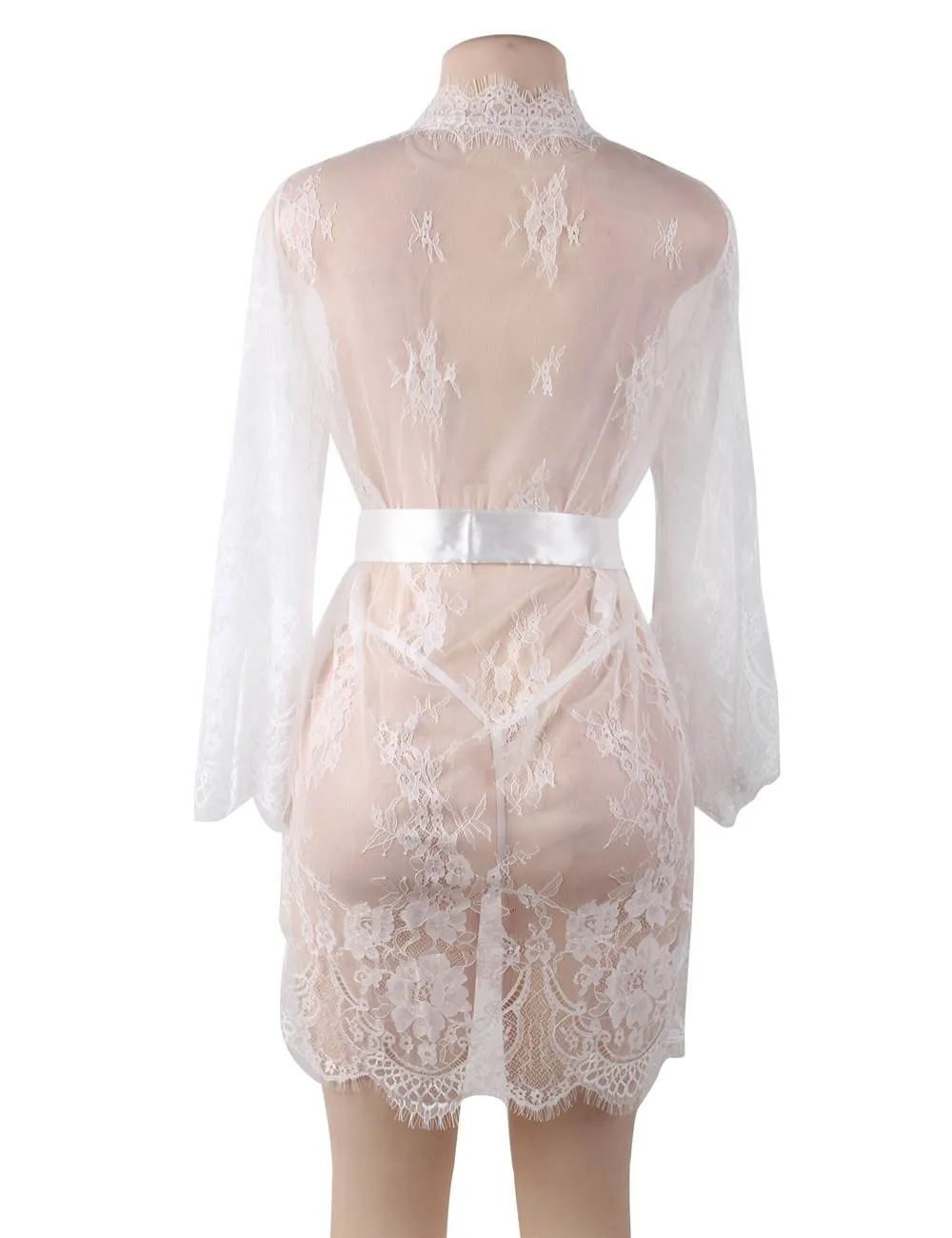 Sexy Egypt Long Sleeve Eyelash Lace Short Sleepwear With Thong