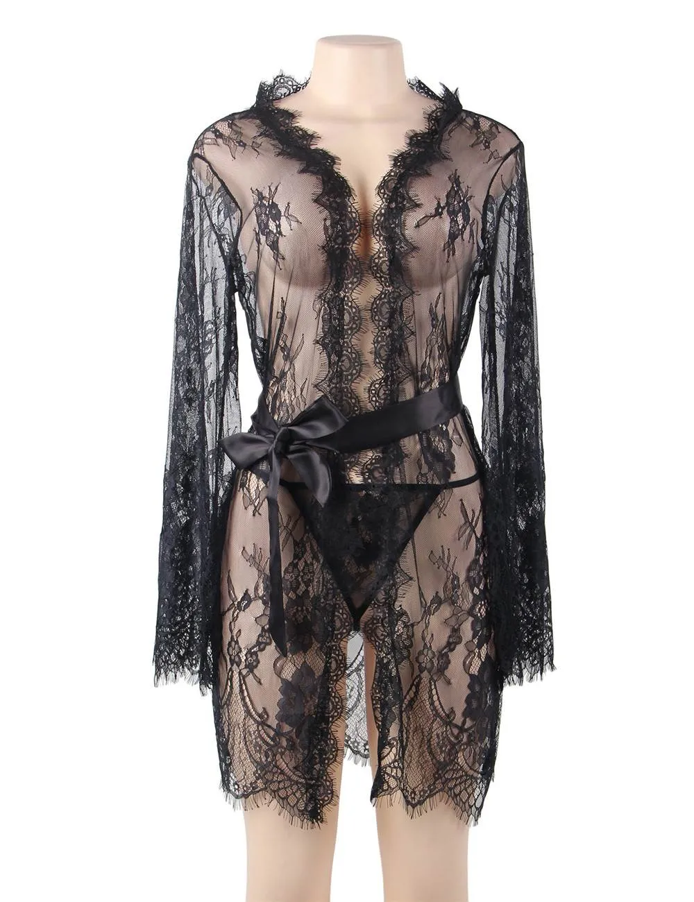 Sexy Egypt Long Sleeve Eyelash Lace Short Sleepwear With Thong