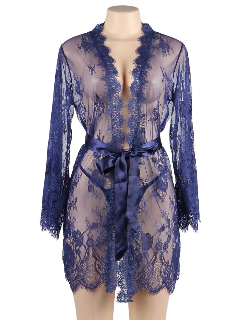 Sexy Egypt Long Sleeve Eyelash Lace Short Sleepwear With Thong