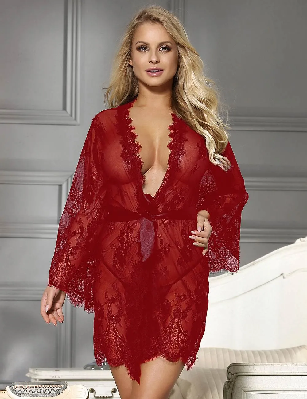 Sexy Egypt Long Sleeve Eyelash Lace Short Sleepwear With Thong
