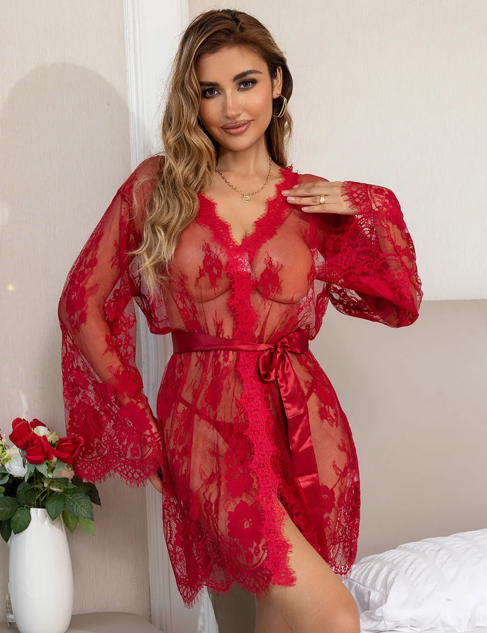 Sexy Egypt Long Sleeve Eyelash Lace Short Sleepwear With Thong