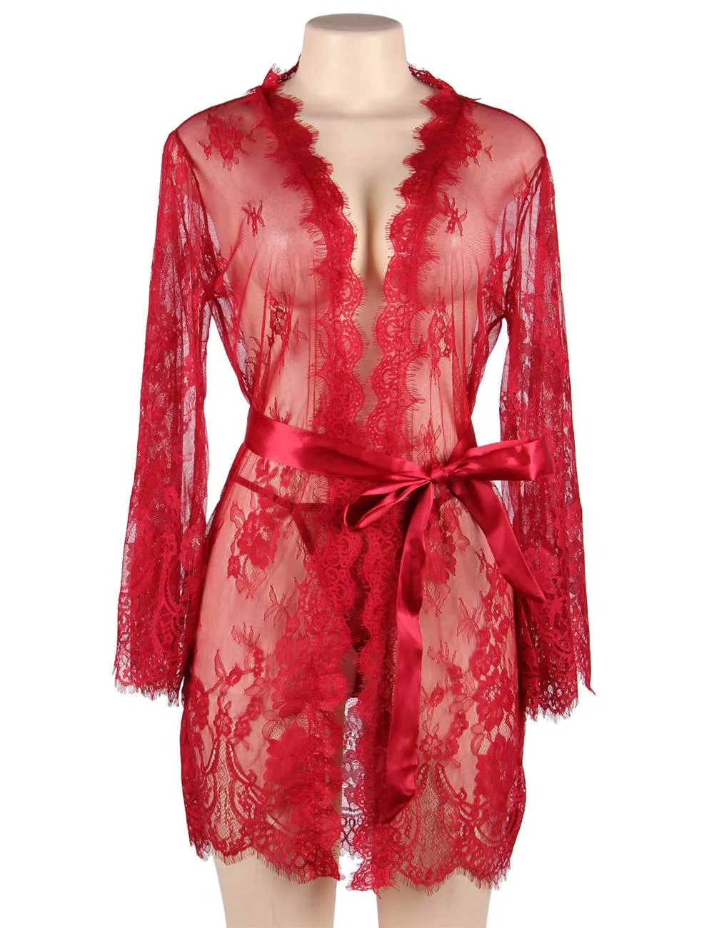 Sexy Egypt Long Sleeve Eyelash Lace Short Sleepwear With Thong