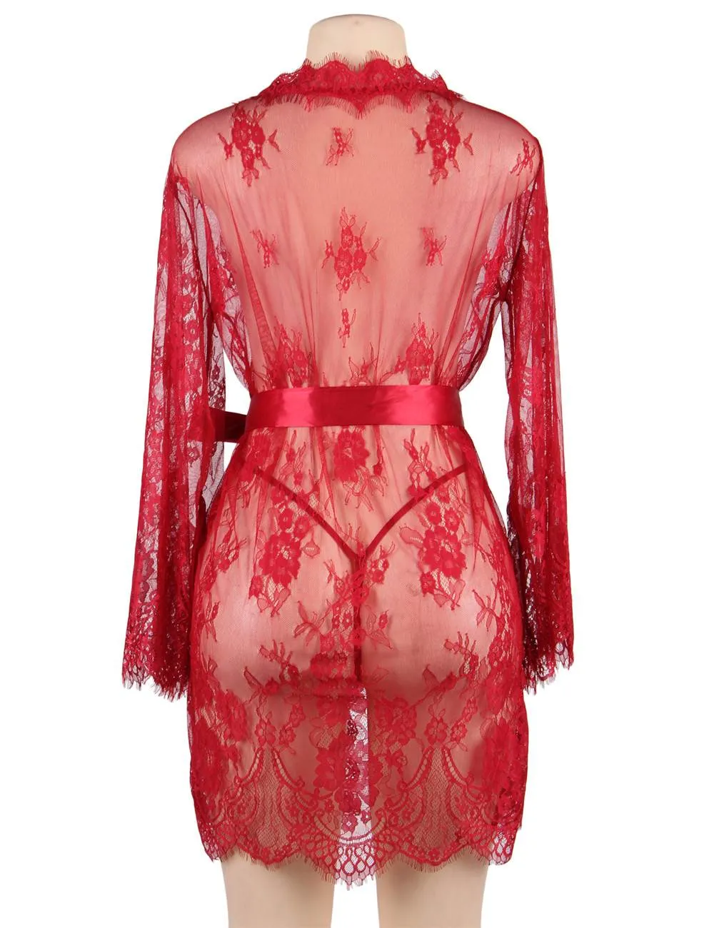 Sexy Egypt Long Sleeve Eyelash Lace Short Sleepwear With Thong