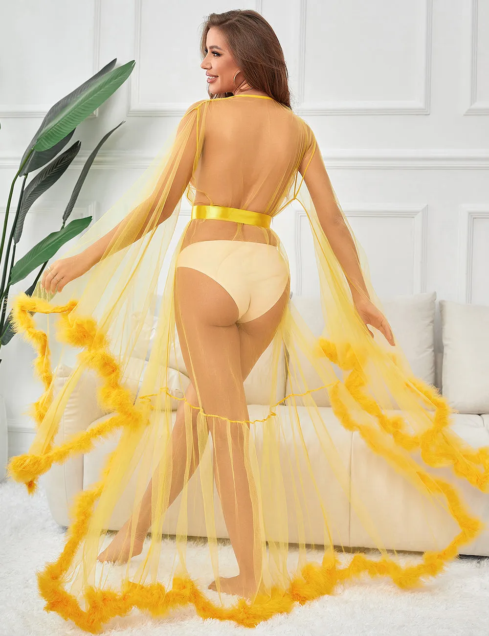 Sexy Plush Edging Mesh Wide Sleeves Robe Egypt With Belt