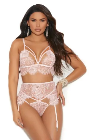 Sexy Pure Blush Lace Bra, Panty and Garterbelt