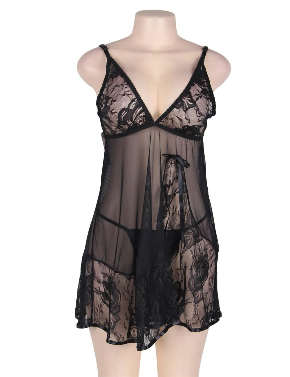 Sexy Transparent V Neck Lace Short Blue Plus Size Nightdress Egypt