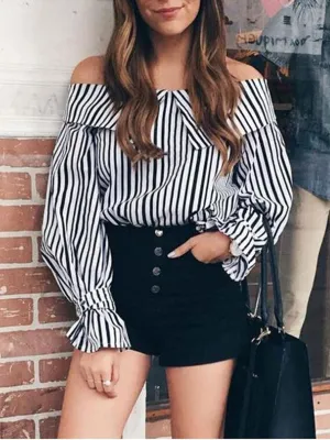 Sexy Word Collar Strapless Striped Long Sleeve Trumpet Sleeve Shirt