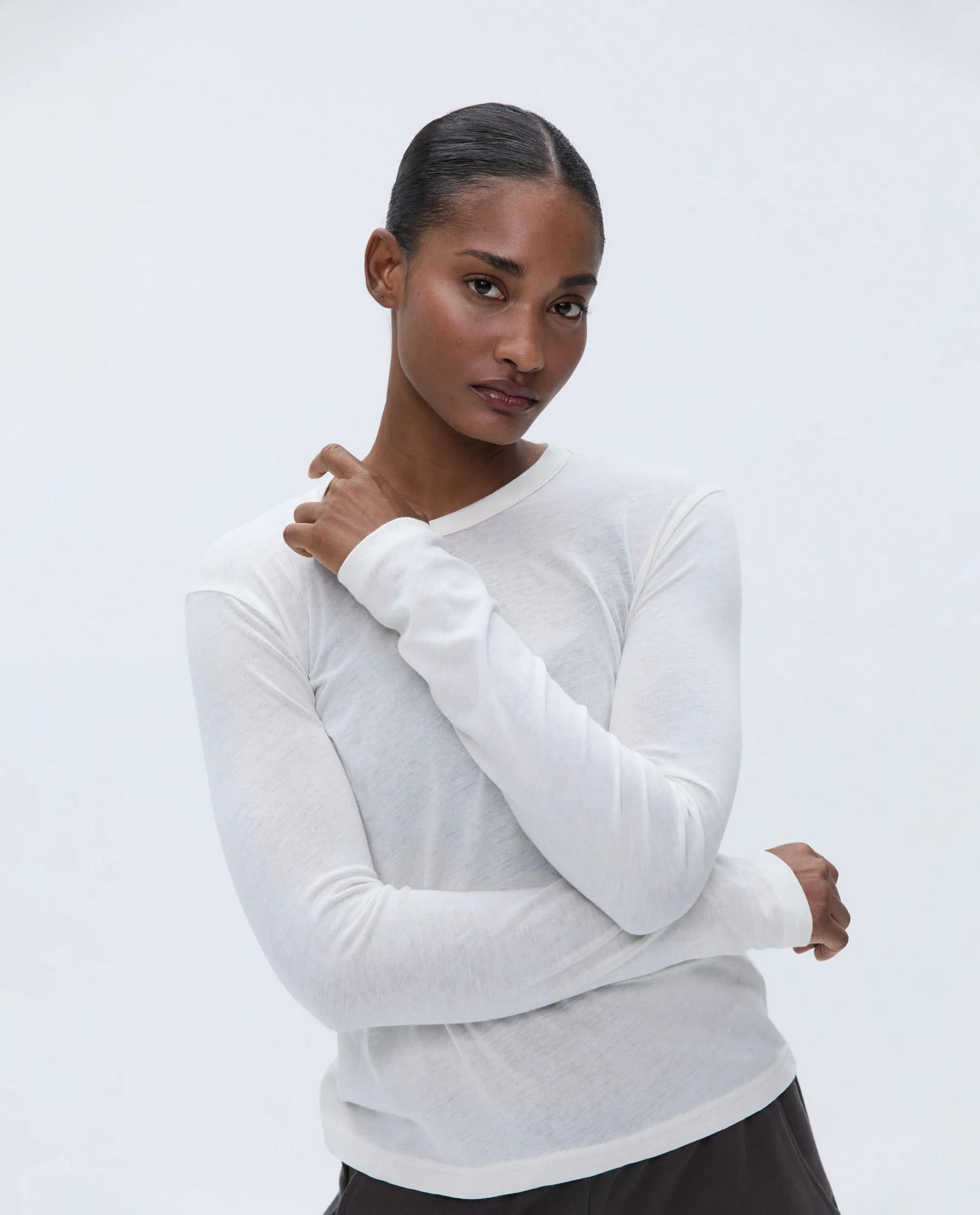 Sheer Long Sleeve Scoop Top - Marshmallow White
