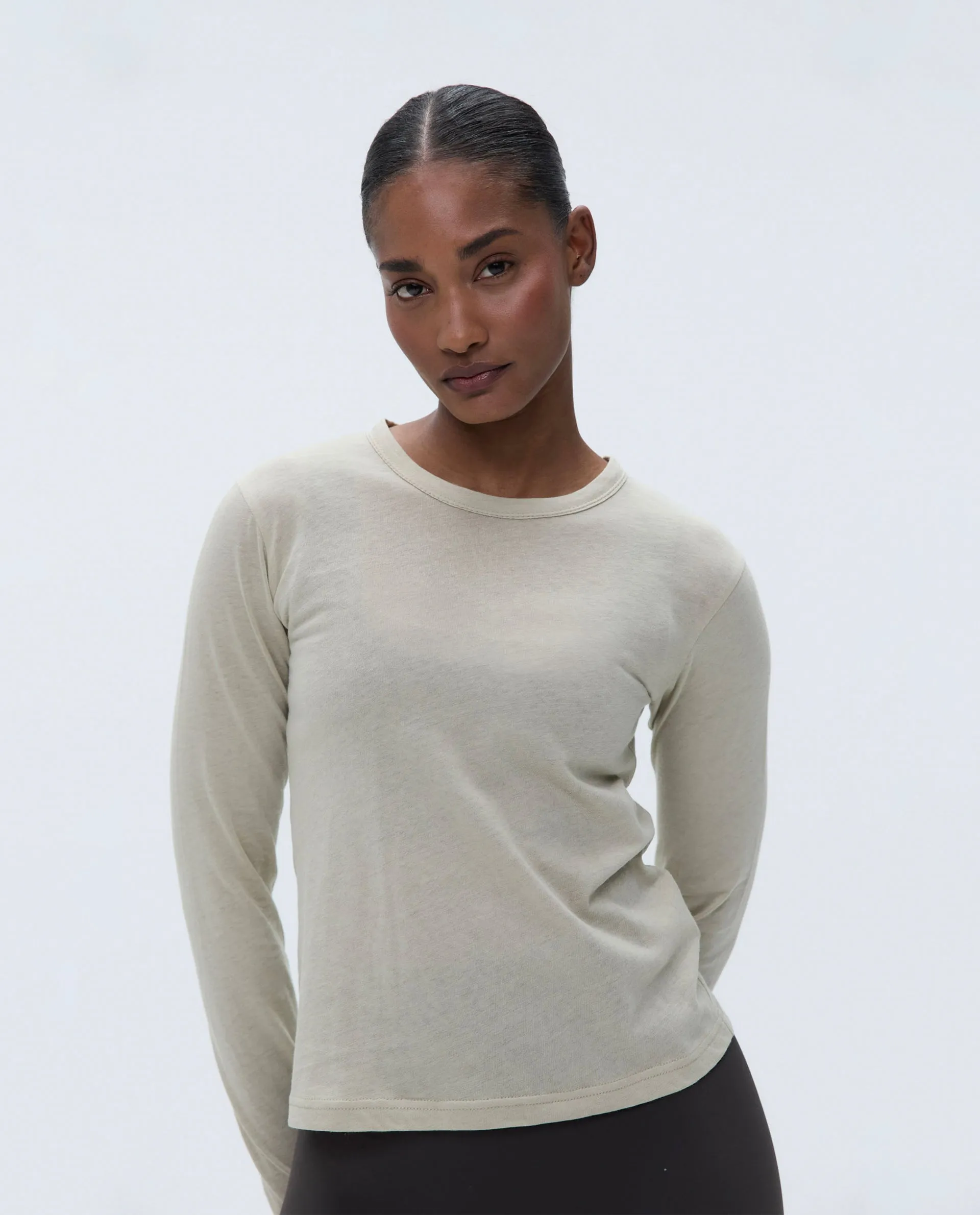 Sheer Long Sleeve Scoop Top - Sand