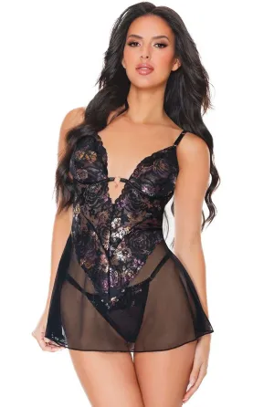 Shimmer Lace Black Babydoll Lingerie Set