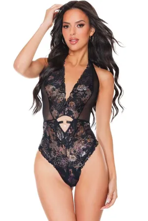 Shimmer Lace Black Crotchless Teddy