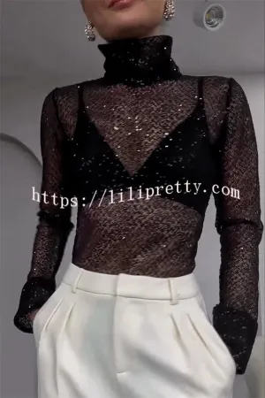 Shimmering Twilight Sequin Turtleneck Long Slit Sleeve H-line Blouse