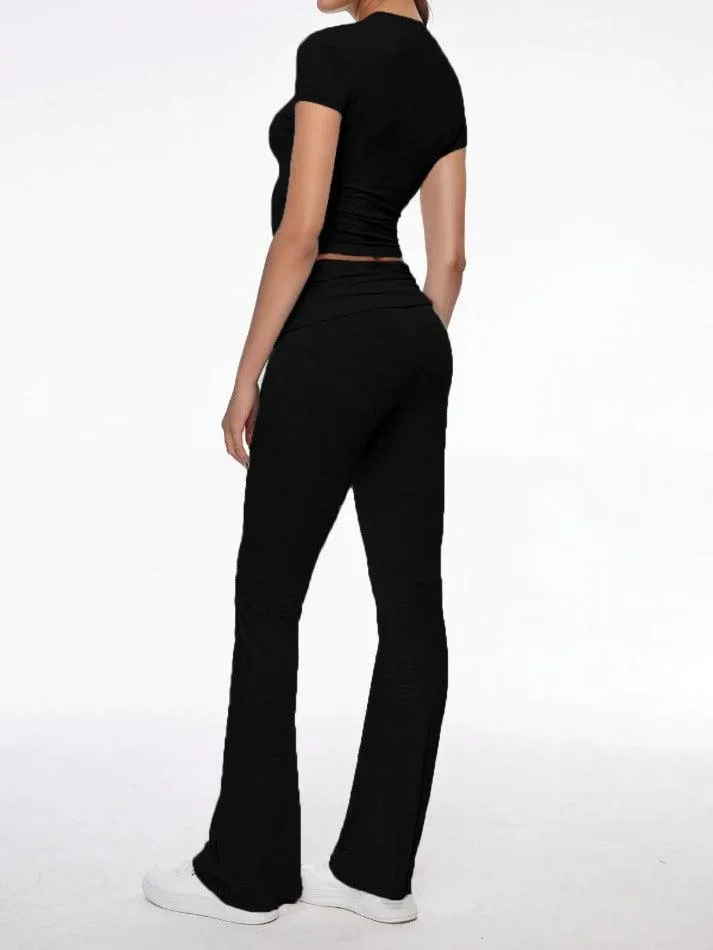 Short Sleeve Cropped Top Fold-over Flare Pants Set