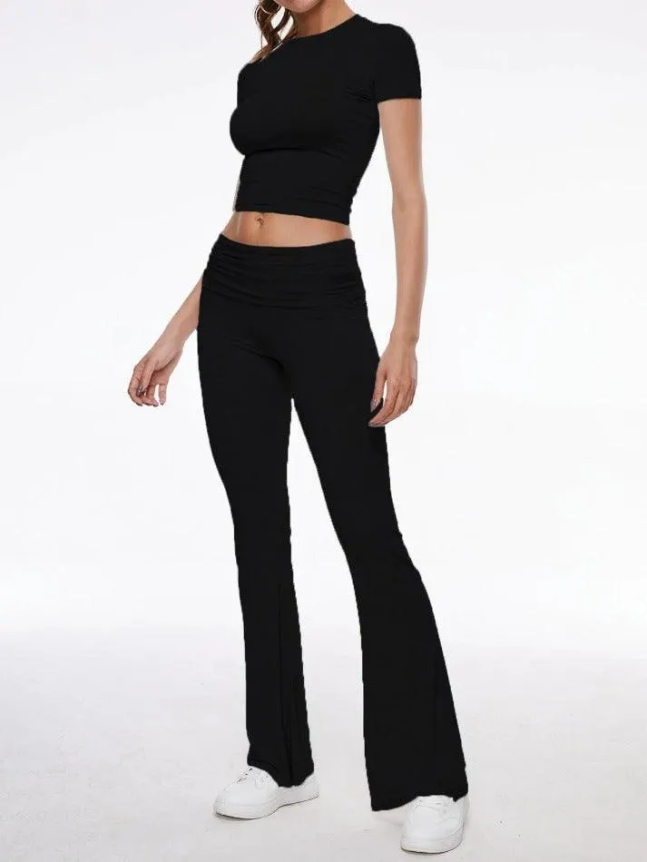 Short Sleeve Cropped Top Fold-over Flare Pants Set