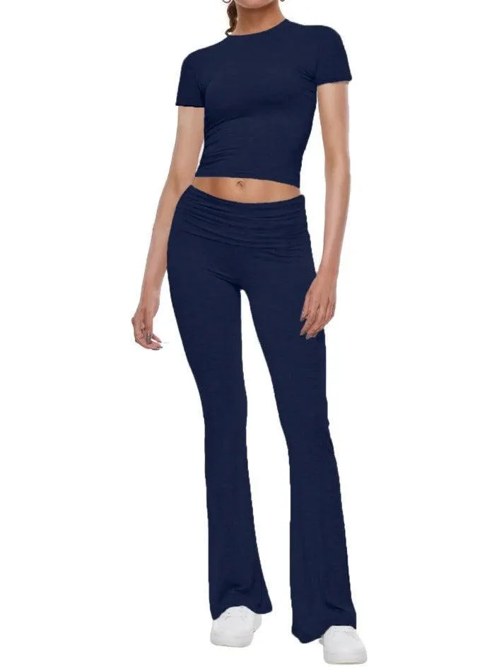 Short Sleeve Cropped Top Fold-over Flare Pants Set