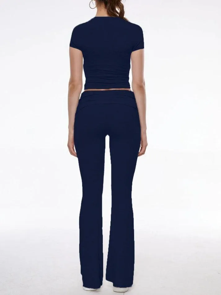 Short Sleeve Cropped Top Fold-over Flare Pants Set