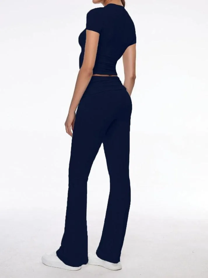 Short Sleeve Cropped Top Fold-over Flare Pants Set