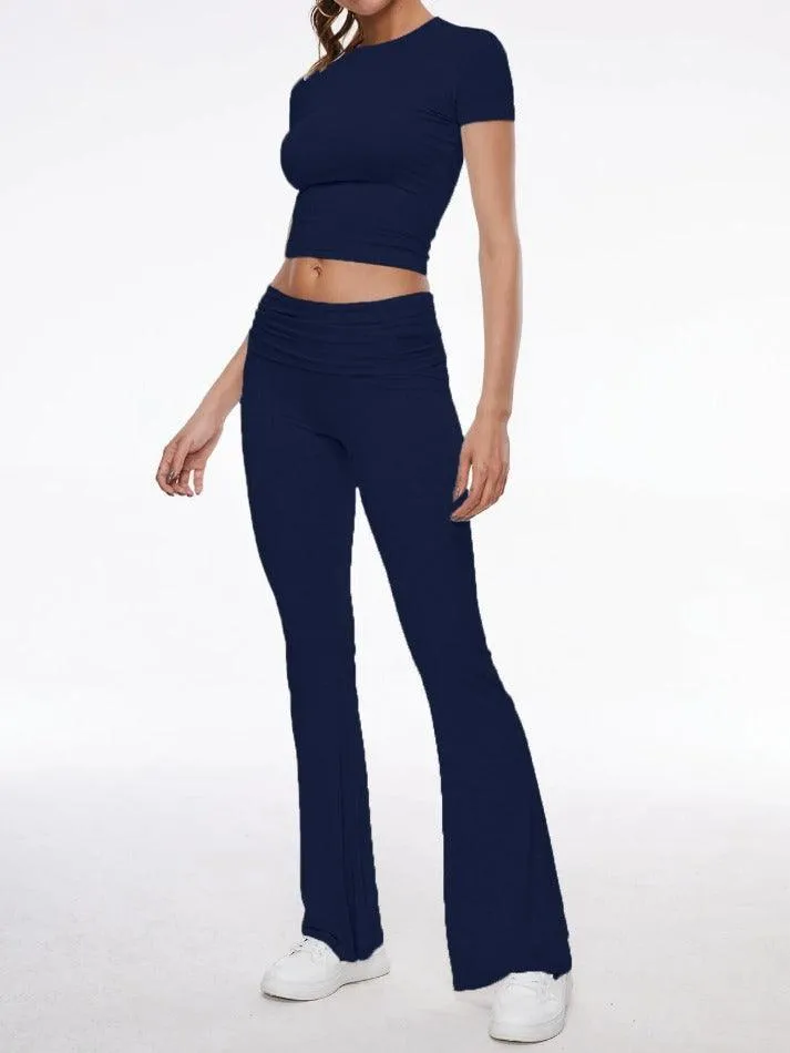 Short Sleeve Cropped Top Fold-over Flare Pants Set