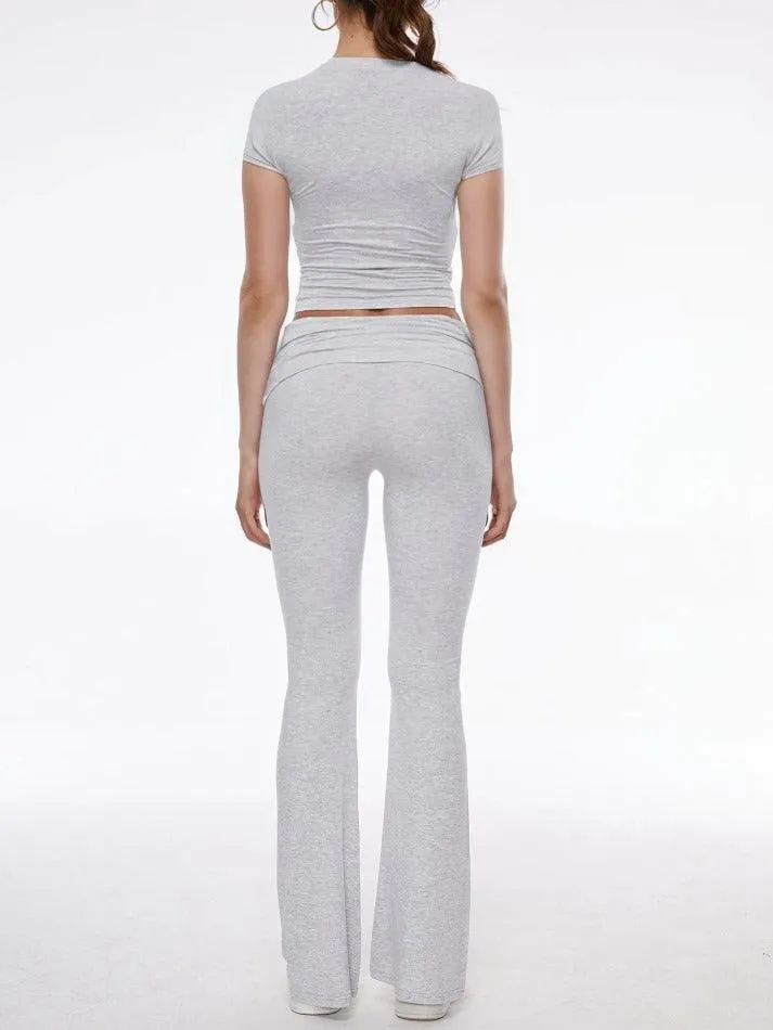 Short Sleeve Cropped Top Fold-over Flare Pants Set