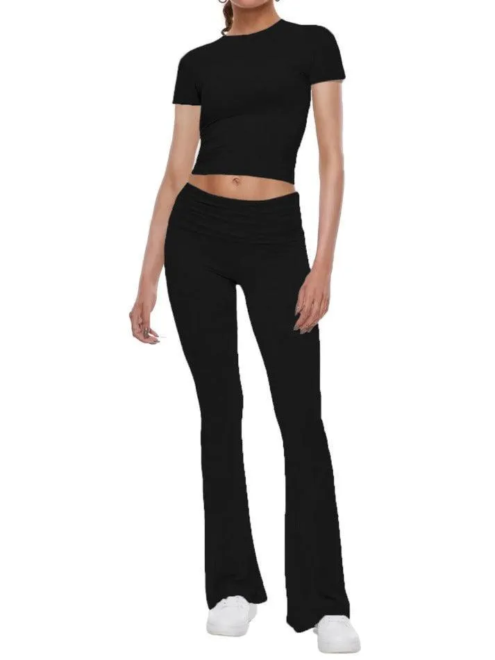 Short Sleeve Cropped Top Fold-over Flare Pants Set