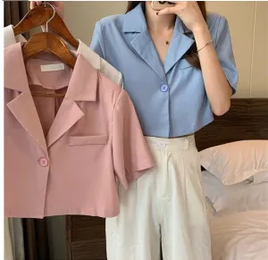 Short Sleeve Notched Style Cropped Blouse Shirts