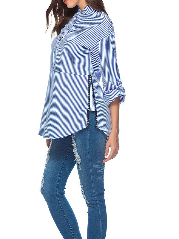 Side Stitching Lace Stripe Single-breasted Cropped Sleeve Shirt