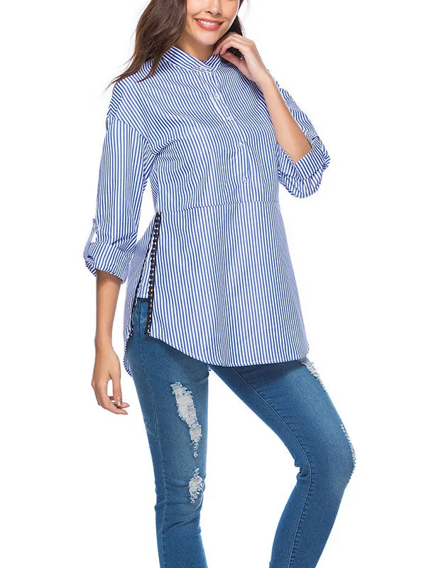 Side Stitching Lace Stripe Single-breasted Cropped Sleeve Shirt