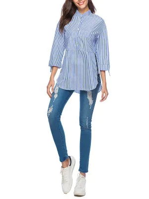 Side Stitching Lace Stripe Single-breasted Cropped Sleeve Shirt