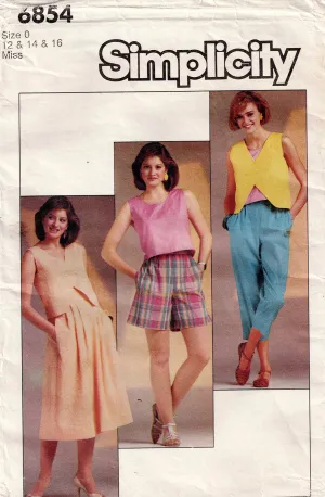 Simplicity 6854 Womens Crop Tops Pants Shorts & Skirt 1980s Vintage Sewing Pattern Size 12 - 16 UNCUT Factory Folded